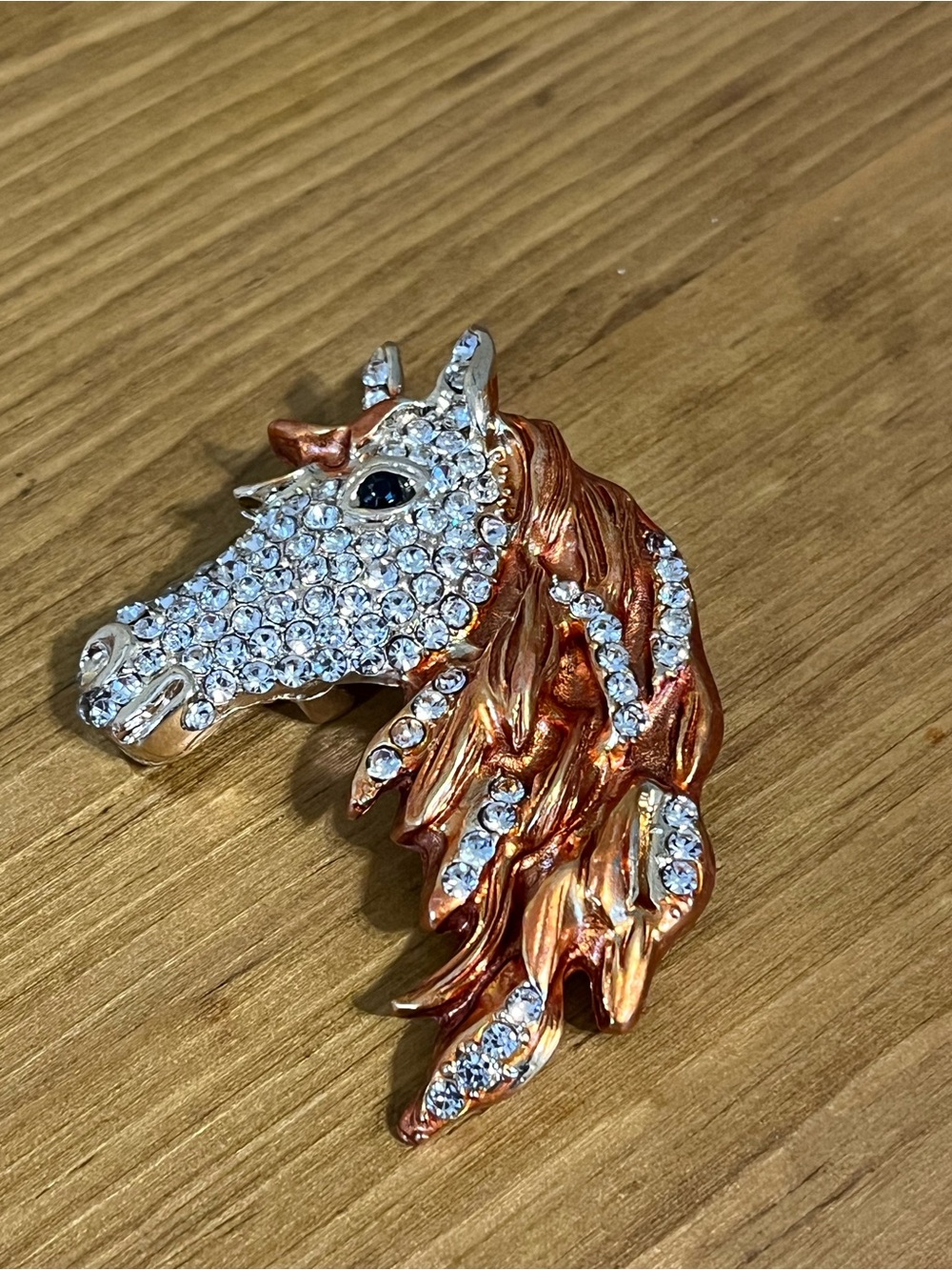 Rose gold /copper tone crystal rhinestone horse brooch equestrian 2”